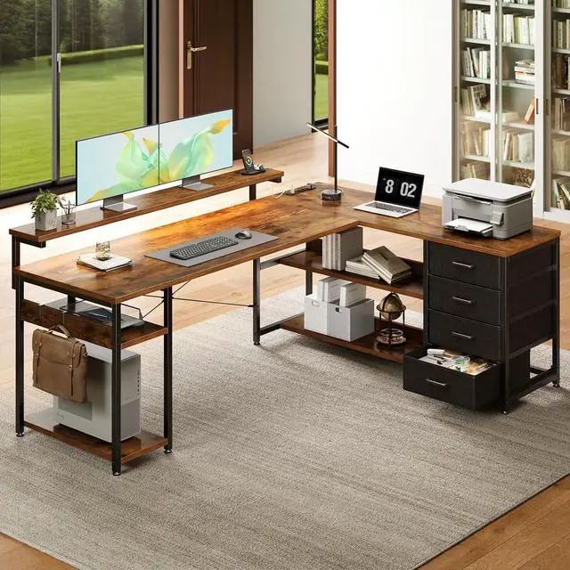 Alt view image 2 of 7 - AODK 61" L Shaped Desk with Drawer, Computer Desk with Power Outlets & LED Lights, Reversible Corner Gaming Desks for Home Office Workstation, Office Table with Monitor Shelf, Vintage