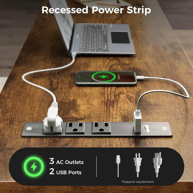 Alt view image 6 of 7 - AODK 61" L Shaped Desk with Drawer, Computer Desk with Power Outlets & LED Lights, Reversible Corner Gaming Desks for Home Office Workstation, Office Table with Monitor Shelf, Vintage