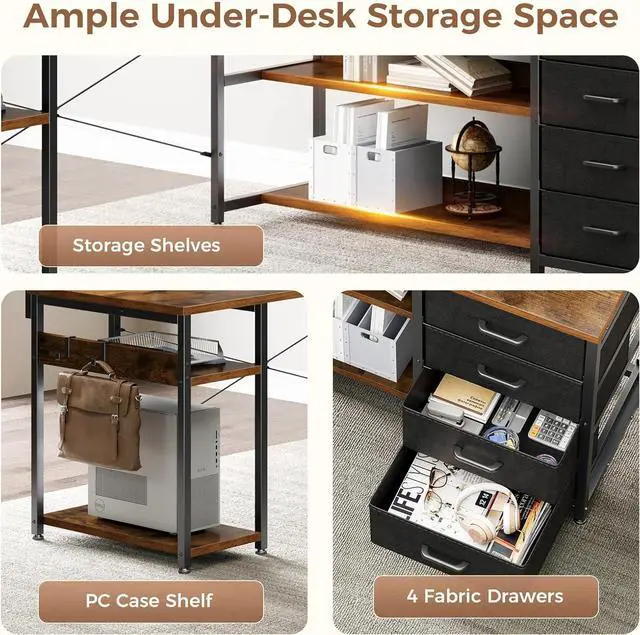 Alt view image 5 of 7 - AODK 61" L Shaped Desk with Drawer, Computer Desk with Power Outlets & LED Lights, Reversible Corner Gaming Desks for Home Office Workstation, Office Table with Monitor Shelf, Vintage