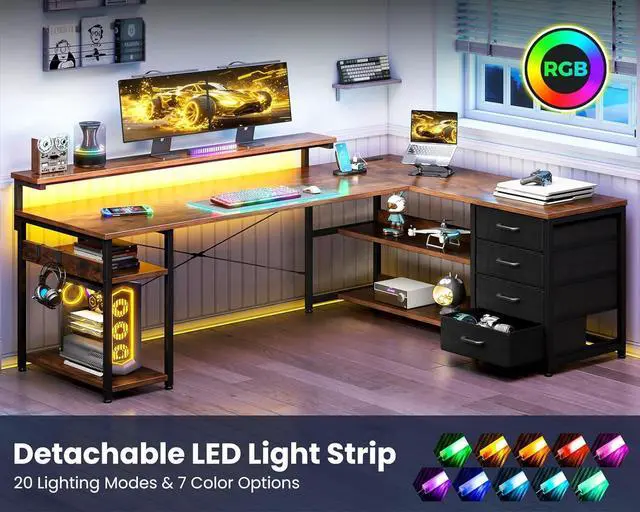 Alt view image 7 of 7 - AODK 61" L Shaped Desk with Drawer, Computer Desk with Power Outlets & LED Lights, Reversible Corner Gaming Desks for Home Office Workstation, Office Table with Monitor Shelf, Vintage