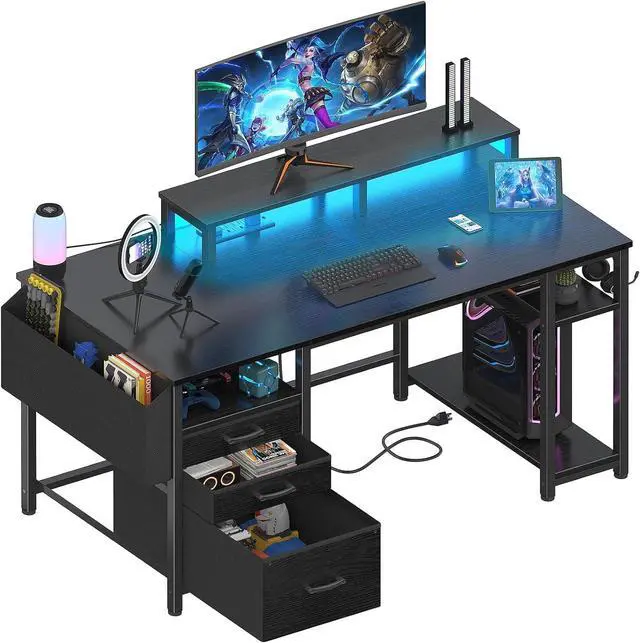 Main image of Lufeiya Gaming Desks with Led Lights and Power Outlets, 55 Inch Computer Desk with File Drawers Cabinet, Home Office Desk with Shelves Monitor Stand, Black