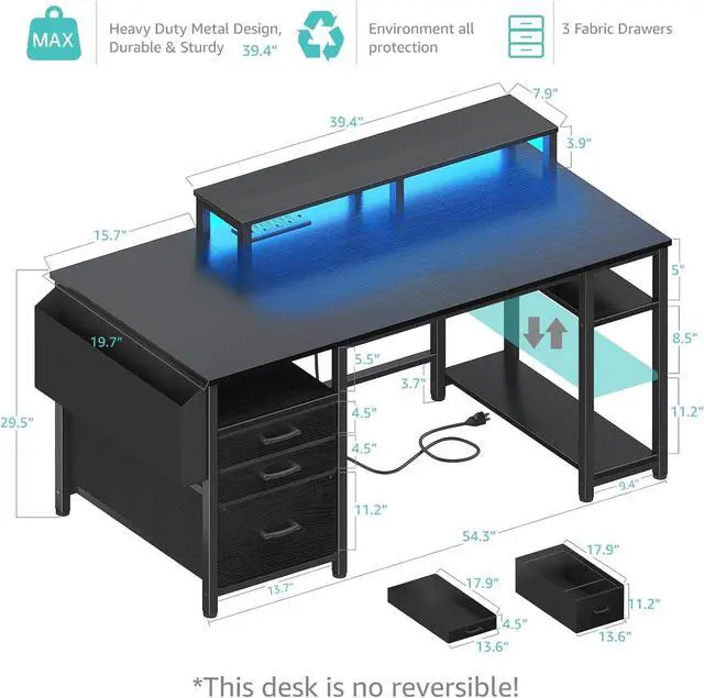 Alt view image 3 of 7 - Lufeiya Gaming Desks with Led Lights and Power Outlets, 55 Inch Computer Desk with File Drawers Cabinet, Home Office Desk with Shelves Monitor Stand, Black