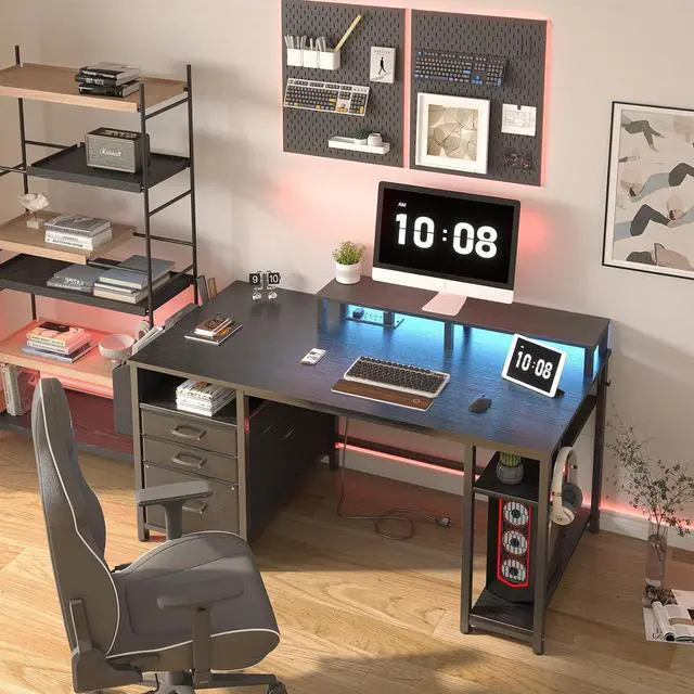 Alt view image 2 of 7 - Lufeiya Gaming Desks with Led Lights and Power Outlets, 55 Inch Computer Desk with File Drawers Cabinet, Home Office Desk with Shelves Monitor Stand, Black