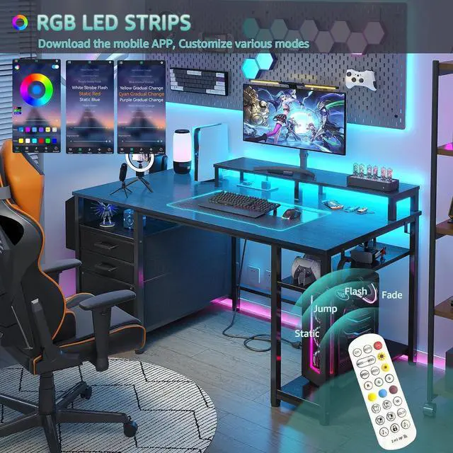Alt view image 4 of 7 - Lufeiya Gaming Desks with Led Lights and Power Outlets, 55 Inch Computer Desk with File Drawers Cabinet, Home Office Desk with Shelves Monitor Stand, Black