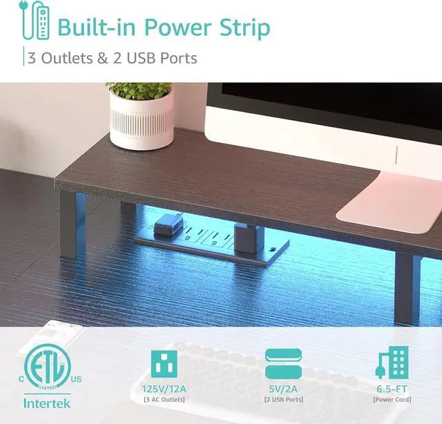 Alt view image 5 of 7 - Lufeiya Gaming Desks with Led Lights and Power Outlets, 55 Inch Computer Desk with File Drawers Cabinet, Home Office Desk with Shelves Monitor Stand, Black