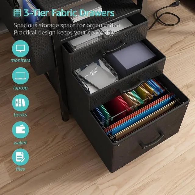 Alt view image 6 of 7 - Lufeiya Gaming Desks with Led Lights and Power Outlets, 55 Inch Computer Desk with File Drawers Cabinet, Home Office Desk with Shelves Monitor Stand, Black