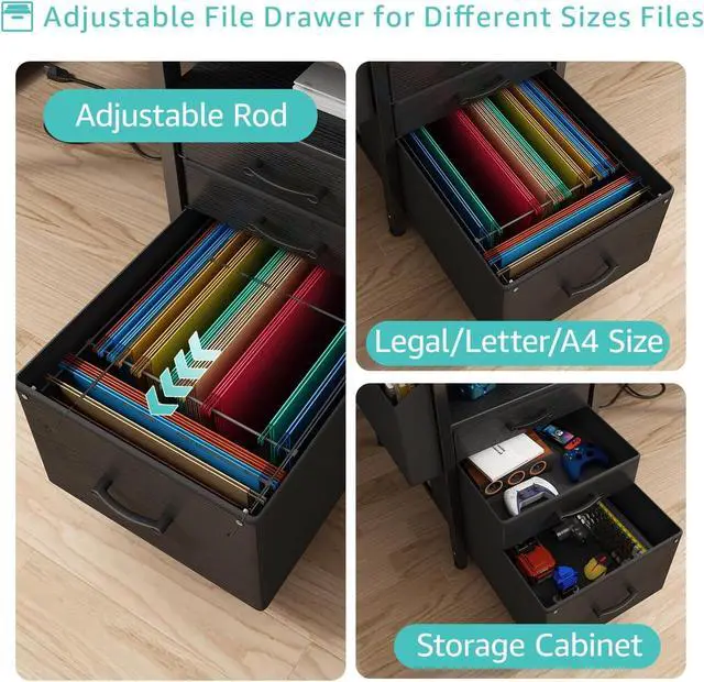 Alt view image 7 of 7 - Lufeiya Gaming Desks with Led Lights and Power Outlets, 55 Inch Computer Desk with File Drawers Cabinet, Home Office Desk with Shelves Monitor Stand, Black