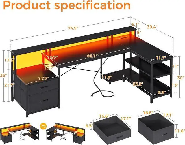 Alt view image 3 of 7 - ODK L Shaped Desk with File Drawer, 75" Reversible L Shaped Computer Desk with Power Outlet & LED Strip, Office Desk with Storage Shelves, Gaming Desk with Monitor Shelf, Corner Desk, Black