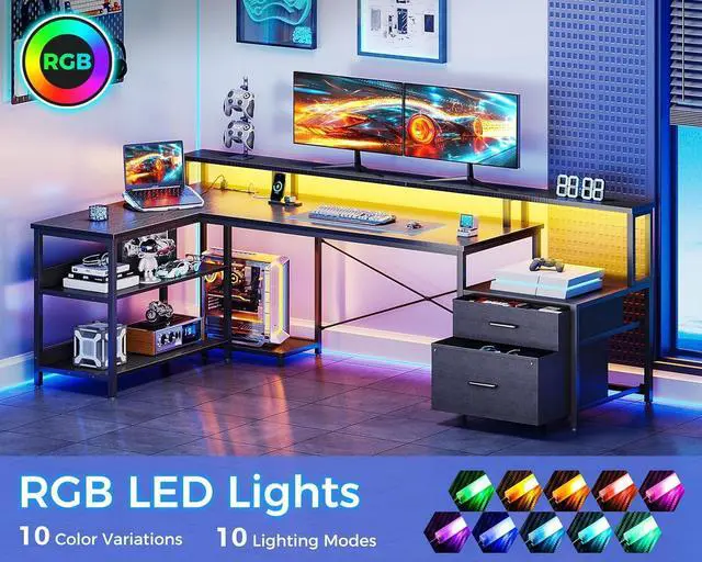 Alt view image 5 of 7 - ODK L Shaped Desk with File Drawer, 75" Reversible L Shaped Computer Desk with Power Outlet & LED Strip, Office Desk with Storage Shelves, Gaming Desk with Monitor Shelf, Corner Desk, Black