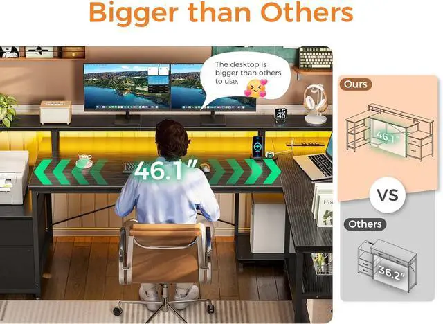 Alt view image 6 of 7 - ODK L Shaped Desk with File Drawer, 75" Reversible L Shaped Computer Desk with Power Outlet & LED Strip, Office Desk with Storage Shelves, Gaming Desk with Monitor Shelf, Corner Desk, Black