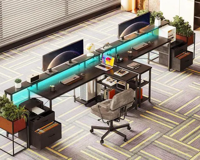 Alt view image 7 of 7 - ODK L Shaped Desk with File Drawer, 75" Reversible L Shaped Computer Desk with Power Outlet & LED Strip, Office Desk with Storage Shelves, Gaming Desk with Monitor Shelf, Corner Desk, Black