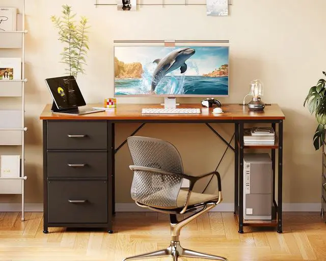 Alt view image 2 of 7 - AODK 51 Inch Computer Desk with Fabric Drawers & USB Power Outlets, Reversible Home Office Desk with Storage Shelves, Work from Home, Modern Work/Writing/Study Table for Bedroom, Vintage