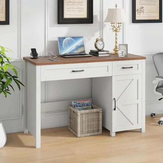Alt view image 3 of 7 - Farmhouse 47" Executive Desk, Computer Desk with Drawers and Cabinet, Workstation Computer Desk for Home Office and Study.