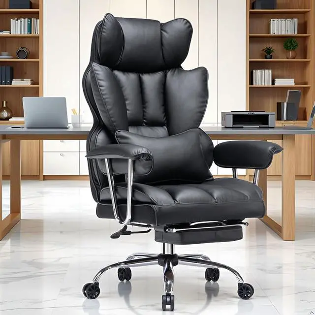 Alt view image 2 of 7 - Efomao Desk Office Chair 400LBS, Big and Tall Office Chair, PU Leather Computer Chair, Executive Office Chair with Leg Rest and Lumbar Support, Black Office Chair