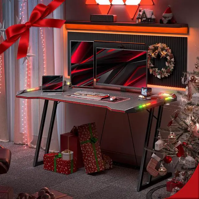 Alt view image 2 of 7 - CubiCubi 55 Inch Carbon Fiber Surface Gaming Desk with LED Lights, Z-Shaped Computer Table, Ergonomic Office Desk & PC Workstation with Cable Management, Home Office Desks & Gamer Table, Black