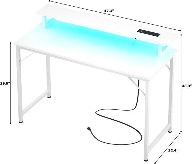 Alt view image 3 of 7 - Computer Desk with USB Power Outlets and LED Lights, 47 inch Gaming Desk with Monitor Stand for Small Space Home Office, Modern Simple Study Writing Table PC Desks, White