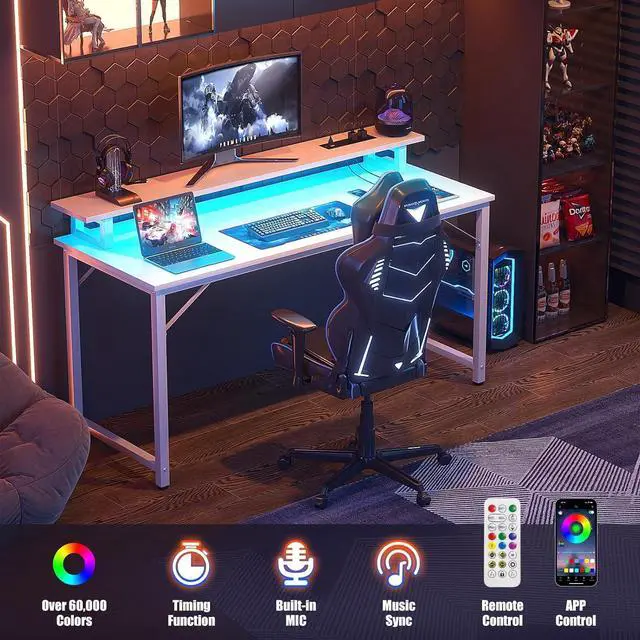 Alt view image 4 of 7 - Computer Desk with USB Power Outlets and LED Lights, 47 inch Gaming Desk with Monitor Stand for Small Space Home Office, Modern Simple Study Writing Table PC Desks, White