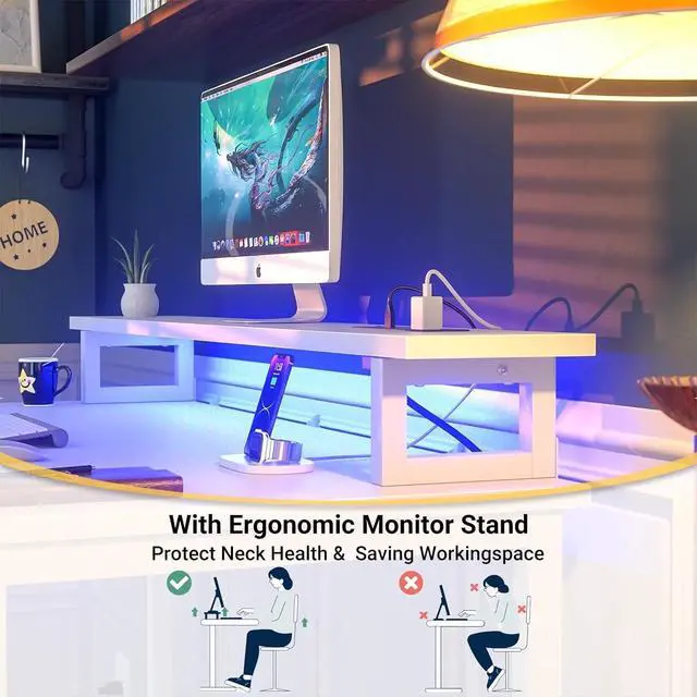 Alt view image 6 of 7 - Computer Desk with USB Power Outlets and LED Lights, 47 inch Gaming Desk with Monitor Stand for Small Space Home Office, Modern Simple Study Writing Table PC Desks, White