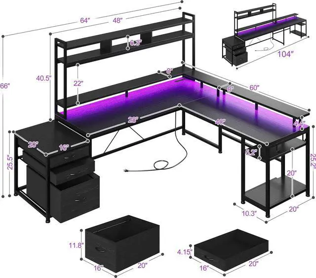 Alt view image 2 of 7 - EnHomee 64 x 60 Inches L Shaped Desk with Hutch and Drawers, Reversible Corner Computer Desk with Monitor Shelf, Two Person Desk with Power Outlet, Gaming Desk with Led Lights for Home Office, Black