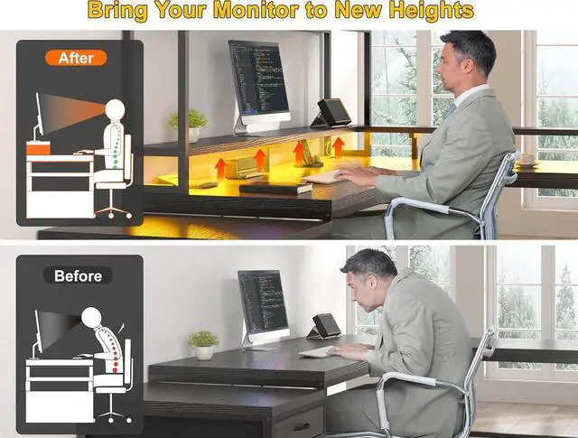 Alt view image 5 of 7 - EnHomee 64 x 60 Inches L Shaped Desk with Hutch and Drawers, Reversible Corner Computer Desk with Monitor Shelf, Two Person Desk with Power Outlet, Gaming Desk with Led Lights for Home Office, Black