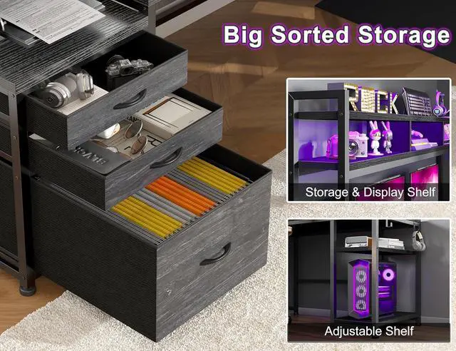 Alt view image 6 of 7 - EnHomee 64 x 60 Inches L Shaped Desk with Hutch and Drawers, Reversible Corner Computer Desk with Monitor Shelf, Two Person Desk with Power Outlet, Gaming Desk with Led Lights for Home Office, Black