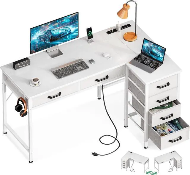 Main image of Coleshome 42 Inch L Shaped Desk with Drawers, Computer Desk with Power Outlets, Home Office Desk with 6 Drawers, Reversible Corner Desk for Small Space, Study Work Table with Hook, White