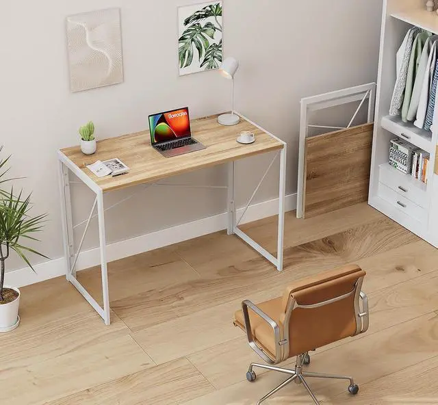 Alt view image 2 of 7 - Coavas Small Folding Desk 39.4 inch Foldable Computer Desks, Spaces Saving Writing Table for Bedroom, Home Office, Dorm, Apartment, Kids, White Oak