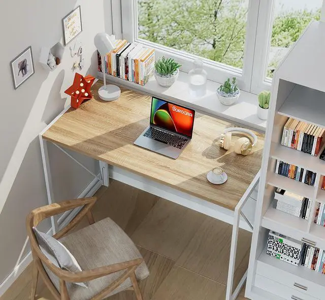 Alt view image 6 of 7 - Coavas Small Folding Desk 39.4 inch Foldable Computer Desks, Spaces Saving Writing Table for Bedroom, Home Office, Dorm, Apartment, Kids, White Oak