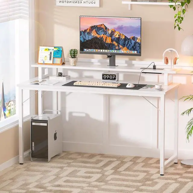 Alt view image 2 of 7 - Computer Desk with USB Power Outlets and LED Lights, 47 inch Gaming Desk with Monitor Stand for Small Space Home Office, Modern Simple Study Writing Table PC Desks, White