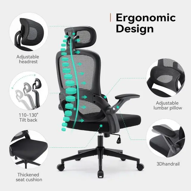 Alt view image 7 of 7 - SIHOO Ergonomic Office Chair, Office Chair with Up&Down Lumbar, High Back Home Desk Chair with 3D Armrests, Computer Chair with Adjustable 2D Headrest, Tilt Function Black