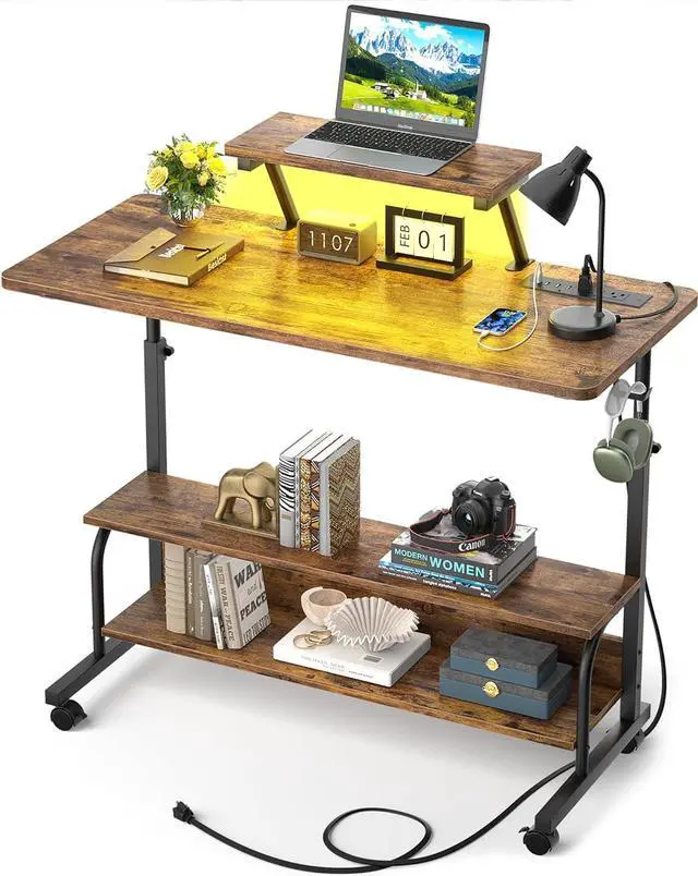 Main image of Height Adjustable Standing Desk with Power Outlets and LED Lights - 39" Manual Stand Up Desk with Monitor Stand and Storage Shelves Small Mobile Rolling Computer Desk Portable Laptop Table, Rustic