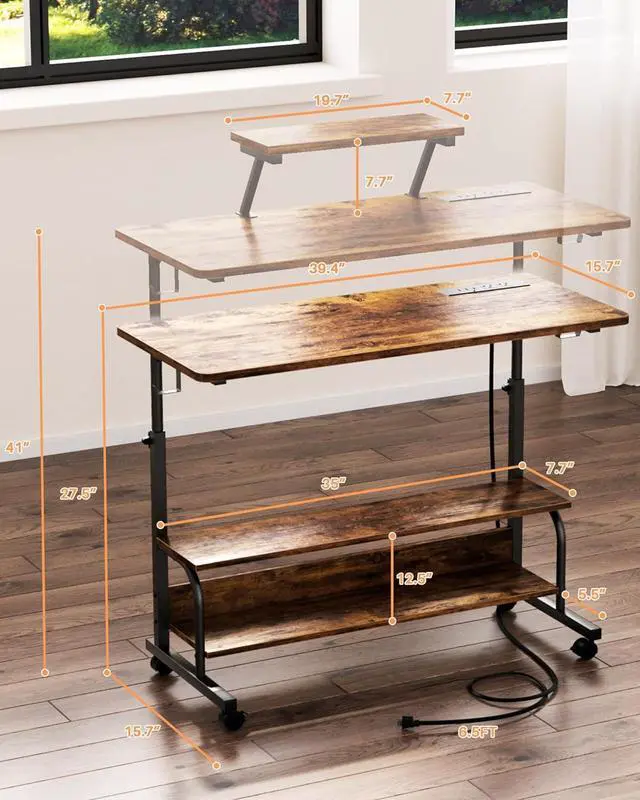 Alt view image 3 of 7 - Height Adjustable Standing Desk with Power Outlets and LED Lights - 39" Manual Stand Up Desk with Monitor Stand and Storage Shelves Small Mobile Rolling Computer Desk Portable Laptop Table, Rustic