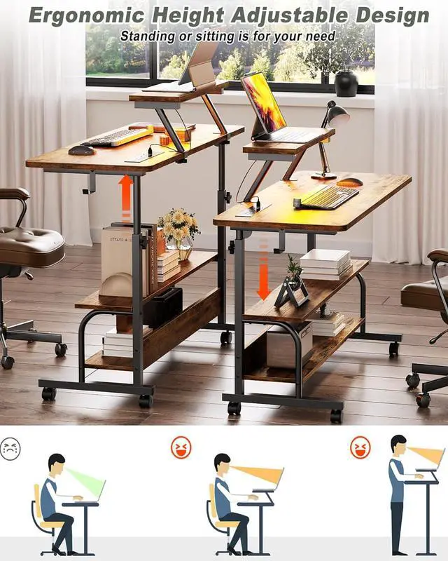 Alt view image 4 of 7 - Height Adjustable Standing Desk with Power Outlets and LED Lights - 39" Manual Stand Up Desk with Monitor Stand and Storage Shelves Small Mobile Rolling Computer Desk Portable Laptop Table, Rustic