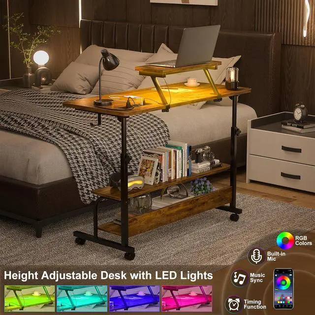 Alt view image 5 of 7 - Height Adjustable Standing Desk with Power Outlets and LED Lights - 39" Manual Stand Up Desk with Monitor Stand and Storage Shelves Small Mobile Rolling Computer Desk Portable Laptop Table, Rustic