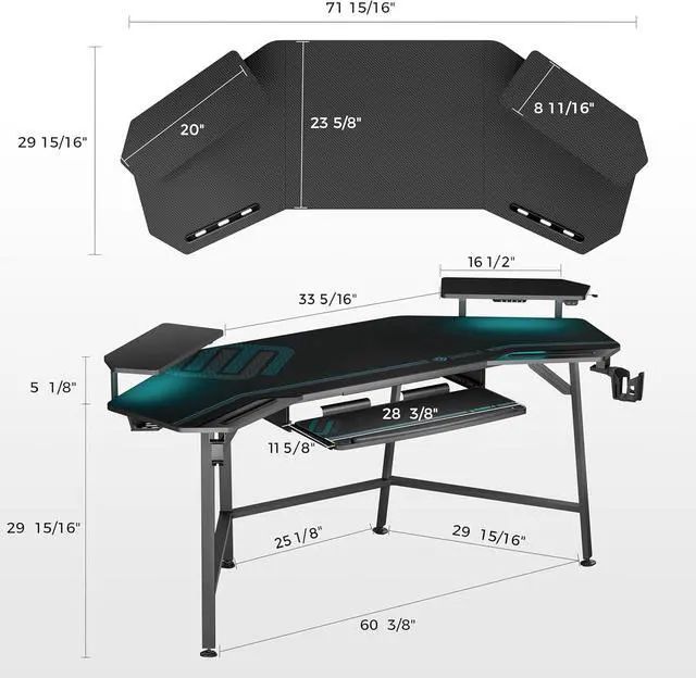 Alt view image 3 of 7 - EUREKA ERGONOMIC Gaming Desk with Led Lights,72" Large Wing-Shaped Studio Desk W Keyboard Tray, Computer Desk Table W Monitor Stand Dual Headphone Hanger Cup Holder for Live,Streamer,Black