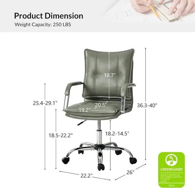 Alt view image 2 of 7 - HULALA HOME Faux Leather Home Office Desk Chair, Adjustable Swivel Computer Chair with Sliver Legs and Arms, Comfy Upholstered Task Chair(Sage)