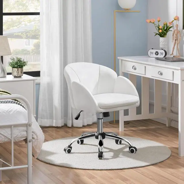 Alt view image 2 of 7 - Yaheetech Cute Desk Chair for Home Office, Adjustable Vanity Chair Modern Upholstered Chair Swivel Rolling Task Chair with Armrests for Work, Study, Living Room, Bedroom, Snowy