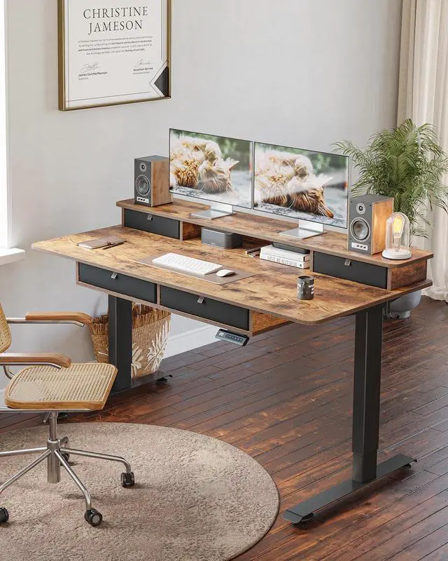 Alt view image 2 of 7 - FEZIBO 48 x 24 inch Electric Standing Desk Adjustable Height with 4 Drawers, Sit Stand Desk, Home Office Stand Up Table with 4 Height-Adjustable Feets & 2 Hooks,Rustic Brown Top, 48 inch