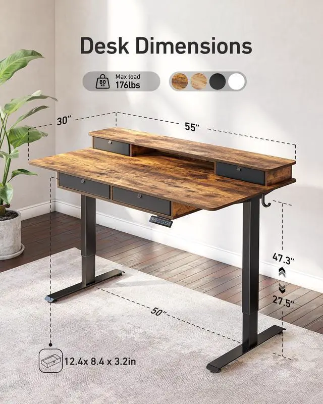 Alt view image 3 of 7 - FEZIBO 55 x 30 inch Electric Standing Desk Adjustable Height with 4 Drawers, Sit Stand Desk, Home Office Stand Up Table with 4 Height-Adjustable Feets & 2 Hooks,Rustic Brown Top, 55 inch