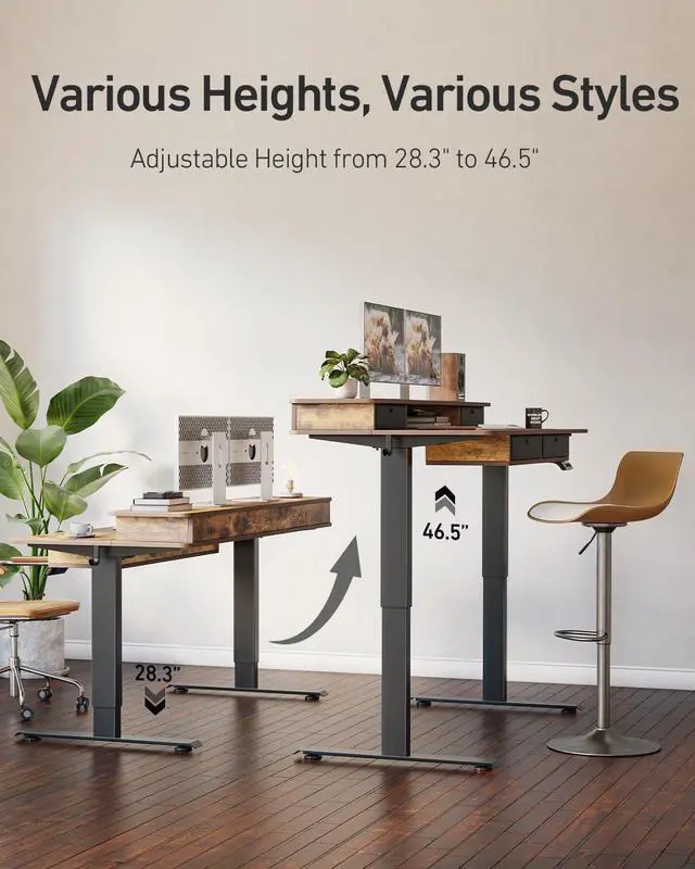 Alt view image 4 of 7 - FEZIBO 48 x 24 inch Electric Standing Desk Adjustable Height with 4 Drawers, Sit Stand Desk, Home Office Stand Up Table with 4 Height-Adjustable Feets & 2 Hooks,Rustic Brown Top, 48 inch