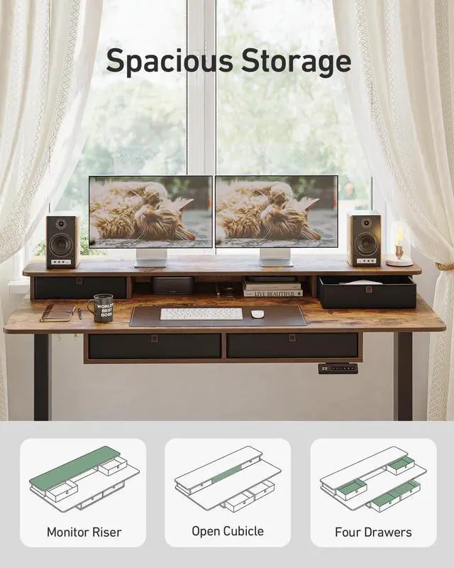 Alt view image 5 of 7 - FEZIBO 48 x 24 inch Electric Standing Desk Adjustable Height with 4 Drawers, Sit Stand Desk, Home Office Stand Up Table with 4 Height-Adjustable Feets & 2 Hooks,Rustic Brown Top, 48 inch