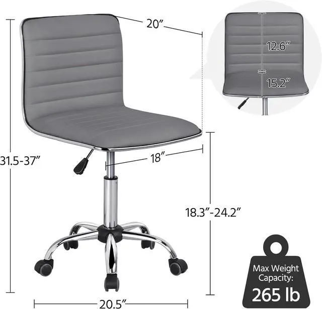 Alt view image 3 of 7 - Yaheetech PU Leather Ribbed Armless Task Office Chair, Adjustable Low Back Executive Chair with Wheels Gray