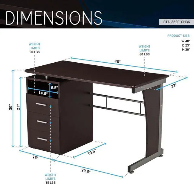 Alt view image 3 of 7 - 48" Computer Desk with Drawers, Home Office Desk with Storage, Heavy Duty and Water Resistant Study Table, Chocolate Brown