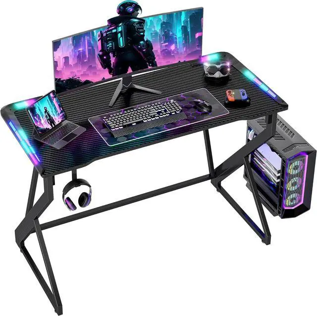 Main image of TIQLAB Gaming Desk with LED Lights, 40 Inch Computer Desk Z Shaped Gamer Workstation, Gaming Table with Carbon Fiber Surface, PC Gamer Desk, Black