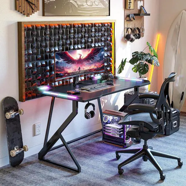 Alt view image 2 of 7 - TIQLAB Gaming Desk with LED Lights, 40 Inch Computer Desk Z Shaped Gamer Workstation, Gaming Table with Carbon Fiber Surface, PC Gamer Desk, Black