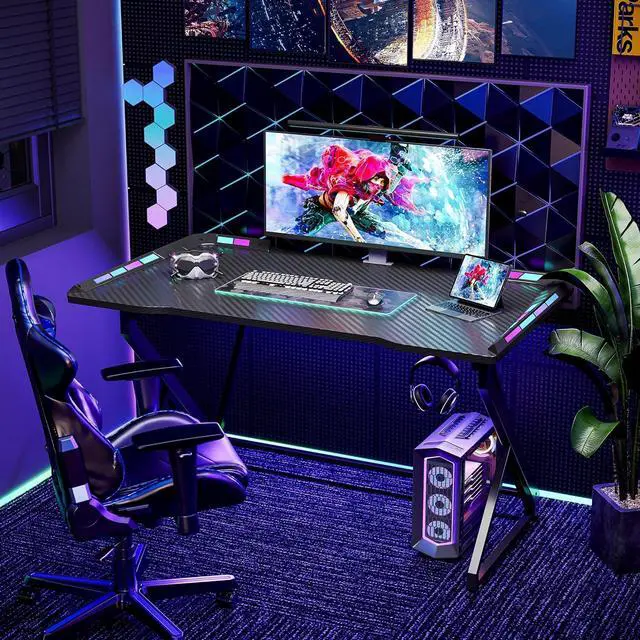 Alt view image 5 of 7 - TIQLAB Gaming Desk with LED Lights, 40 Inch Computer Desk Z Shaped Gamer Workstation, Gaming Table with Carbon Fiber Surface, PC Gamer Desk, Black