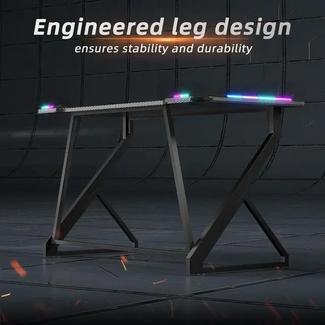 Alt view image 7 of 7 - TIQLAB Gaming Desk with LED Lights, 40 Inch Computer Desk Z Shaped Gamer Workstation, Gaming Table with Carbon Fiber Surface, PC Gamer Desk, Black