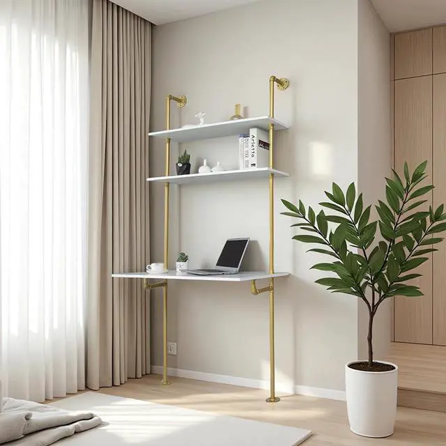 Main image of MAIKAILUN White and Gold Desk, 36" Ladder Desk, Wall Mount Computer Writing Table Pipe Shelf Shelving Mini Narrow Industrial Modern for Small Spaces(36x20x81)