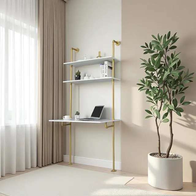 Alt view image 5 of 7 - MAIKAILUN White and Gold Desk, 36" Ladder Desk, Wall Mount Computer Writing Table Pipe Shelf Shelving Mini Narrow Industrial Modern for Small Spaces(36x20x81)