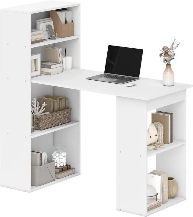 Main image of HOMCOM Modern Home Office Desk with 6-Tier Storage Shelves, 47" Writing Desk with Bookshelf, White
